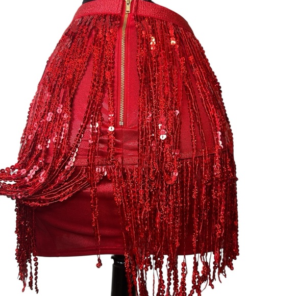 Red Sequins Fringe Skirt High Shine Shimmer Metallic, Performance Wear SZ S - Picture 6 of 17